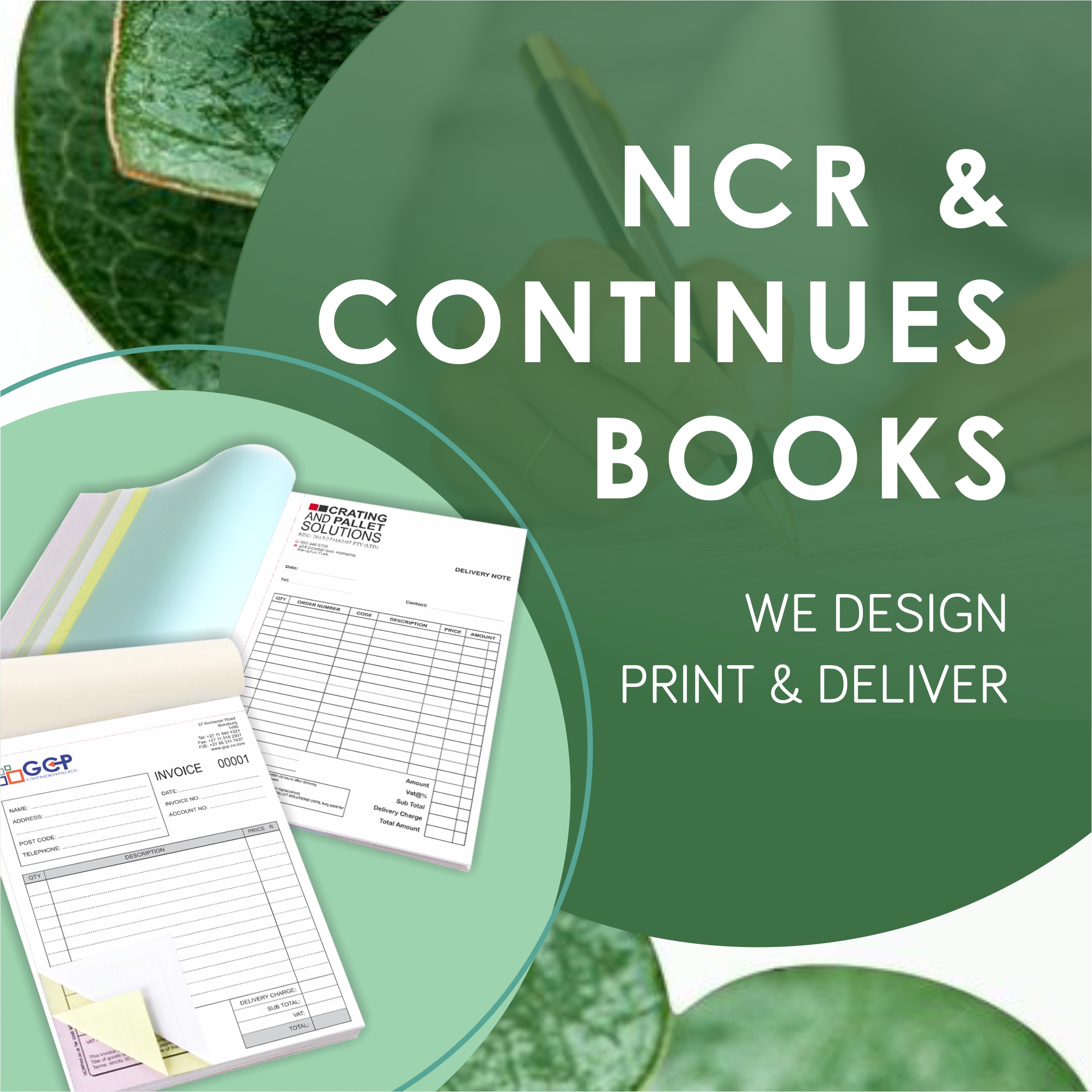 Invoice Books • Delivery Note Books • Permission to Purchase • Continues Forms • Client Information Form • Audit or Accounting Pads • Medical Script Pads • Medical Certificates • Note Pads and more..